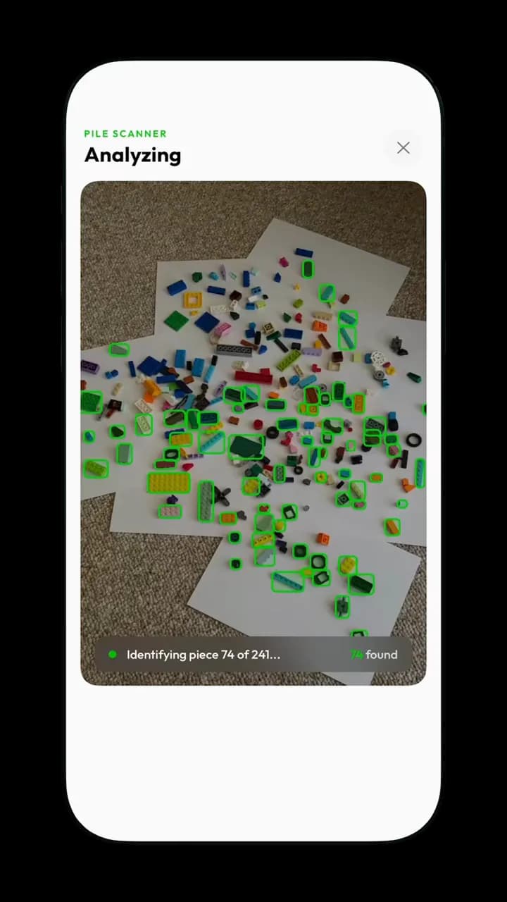 Brickify’s pile scanner identifying loose LEGO pieces one by one, at piece 74 of 241