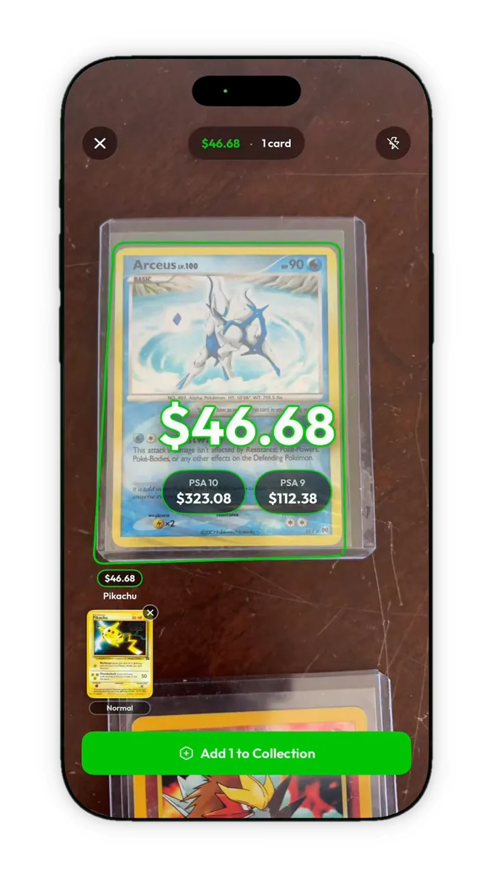 Brickify’s camera identifying a Pokémon card, with an estimated $46.68 over it and PSA 10 and PSA 9 estimates below
